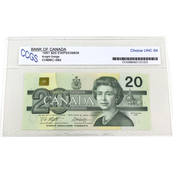BC-58d 1991 $20 CCGS Choice UNC64 Knight-Dodge SN:EWP9339808