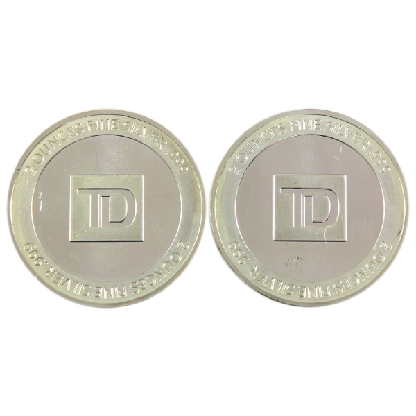 2oz TD Bank .999 Fine Silver Rounds. 2pcs. (Tax Exempt)