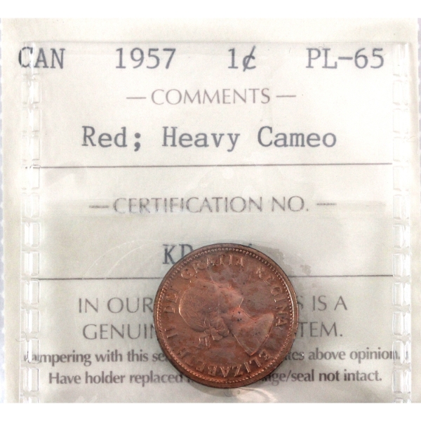 1-cent 1957 ICCS PL65 Heavy Cameo Red