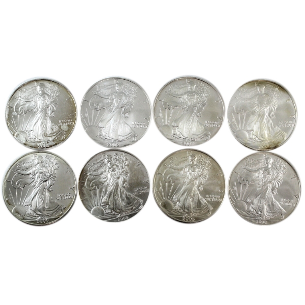1oz USA 2000-2009 $1 Silver Eagles .999 Silver Coins. 8pcs. (Tax Exempt)