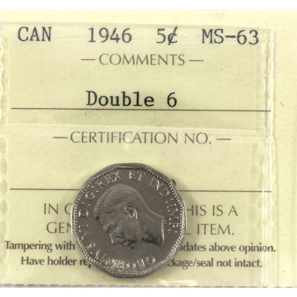 5-cent 1946 Dbl 6 ICCS MS63
