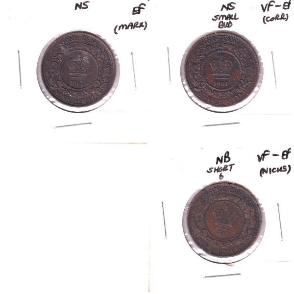 Nova Scotia & New Brunswick 1-cent 1861-1864 VF-EF to EF. 3pcs.