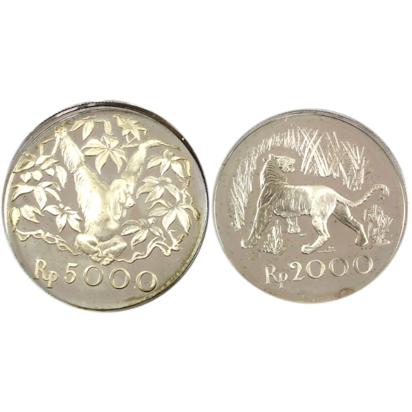 Indonesia Silver 1974 2000 & 5000 Rupiah Coins. 2pcs.