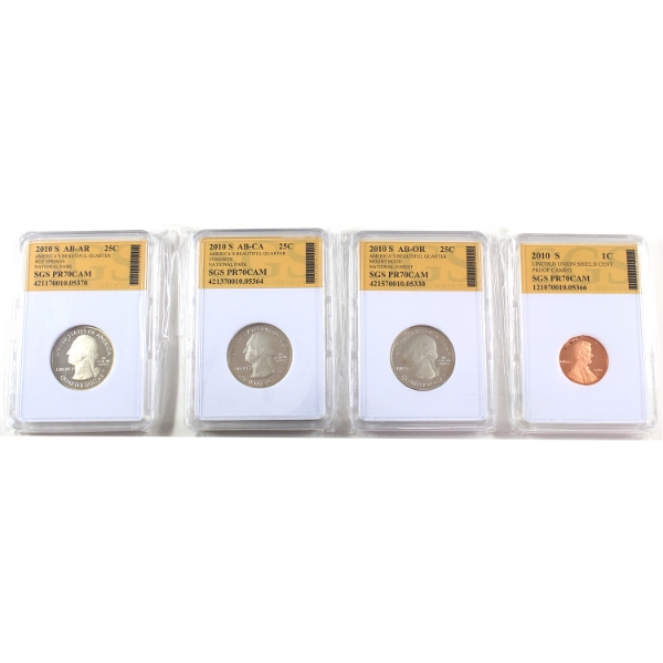 USA 2010S Mixed Denomination SGS Certified PR70 Cameo. 4pcs.