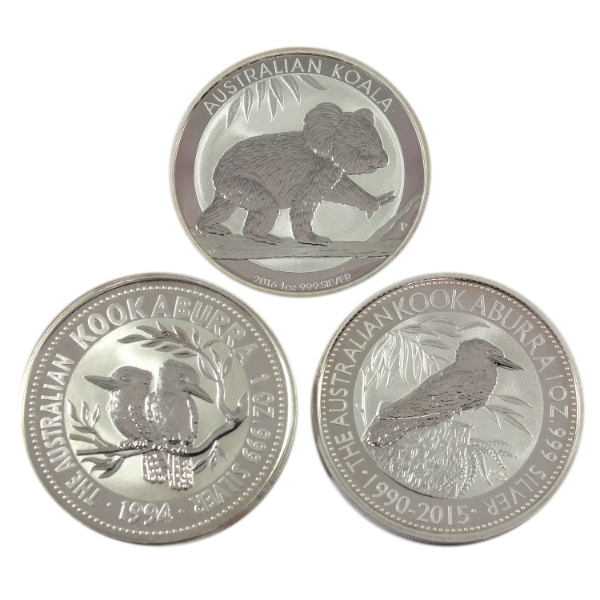 3x 1oz Australia 1994-2016 $1 .999 Fine Silver Rounds. 3pcs. (Tax Exempt)