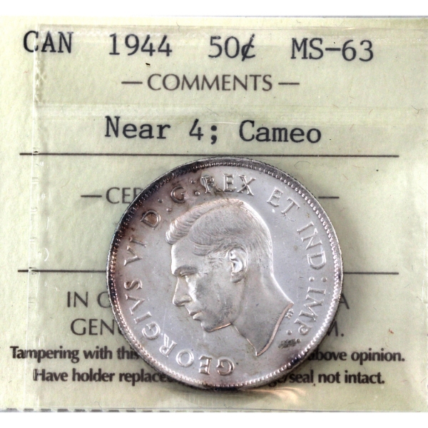 50-cent 1944 Near 4 ICCS MS63 Cameo 