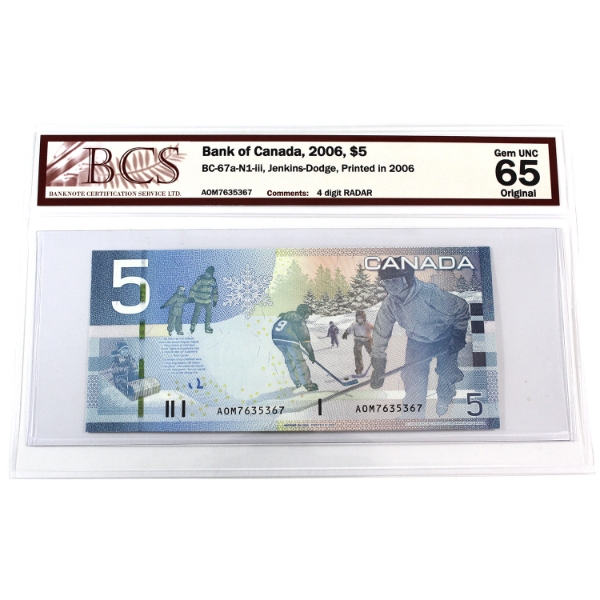 RADAR BC-67a-N1-iii 2006 $5 4 digit RADAR BCS Gem UNC65 Original Jenkins-Dodge, Printed in 2006
