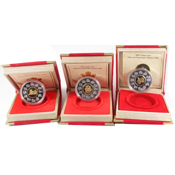 1998-2005 $15 Sterling Silver Lunar Coins w/ Gold Plated Cameos. 3pcs