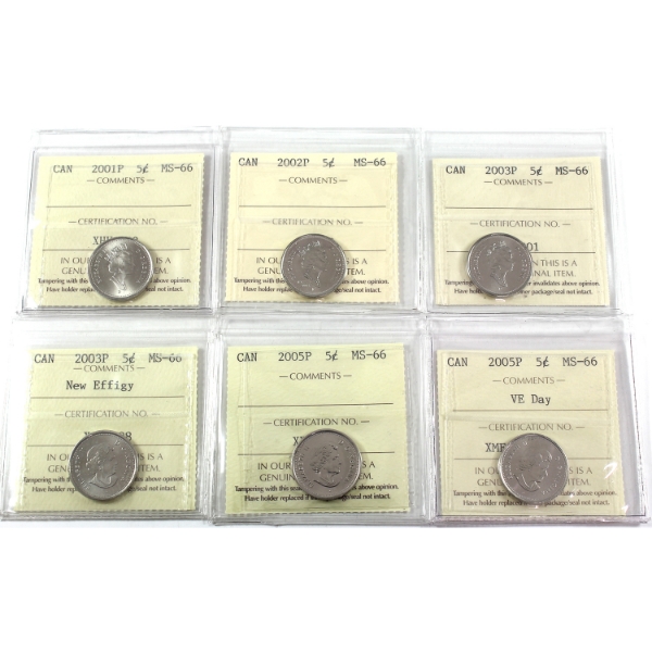 5-cent 2001P, 2002P, 2003P Old Effigy, 2003P New Effigy, 2005P, & 2005P VE Day ICCS MS66. 6pcs.