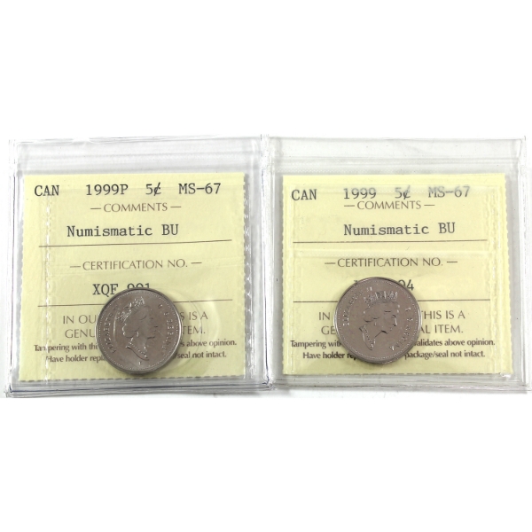 5-cent 1999 & 1999P ICCS MS67 Numismatic BU. 2pcs.