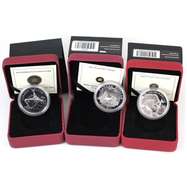 2008-2011 Commemorative Proof Silver Dollars from RCM. 3pcs.