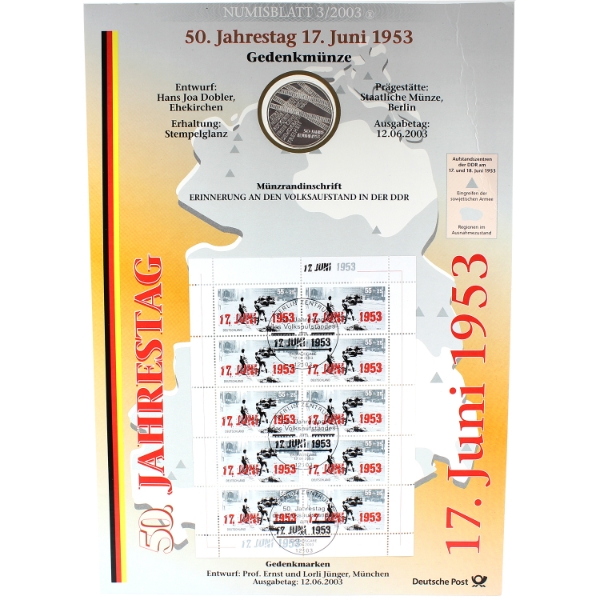 Germany 2003 10 Euro 50th Anniversary of East German Revolution .925 Silver Coin and 10 Stamp Set
