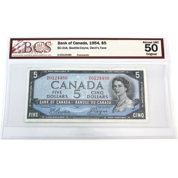 BC-31b 1954 $5 Devil's Face BCS AU50 Original Beattie-Coyne SN:H/C0124480