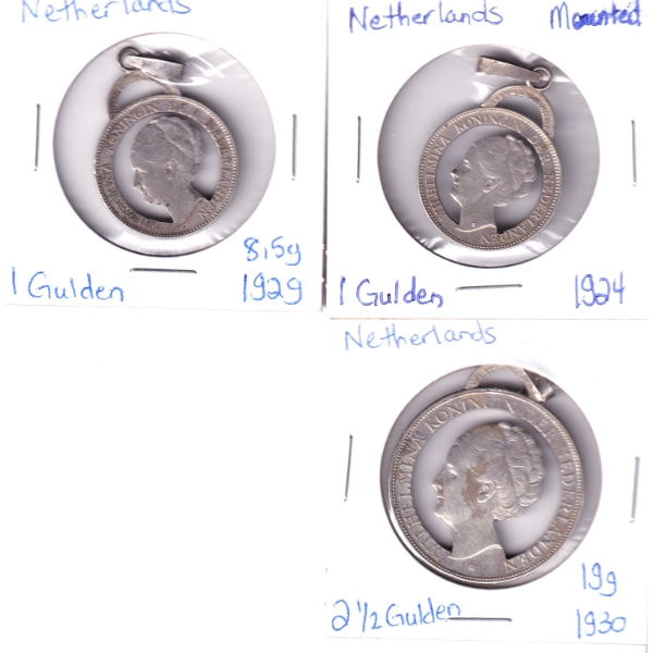 Group Lot of Netherlands Silver 1924-1930 Gulden Token Pendants. 3pcs.