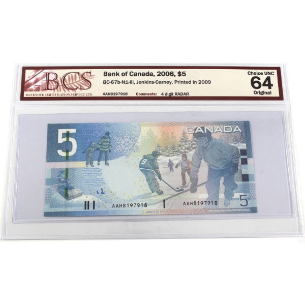 RADAR BC-67b-N1-iii 2006 $5 4-digit RADAR BCS CUNC64 Original Jenkins-Carney SN: AAH8197918