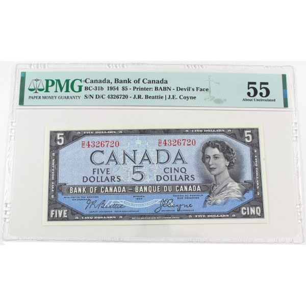 BC-31b 1954 $5 Devil's Face PMG AU55 Beattie-Coyne SN: D/C4326720