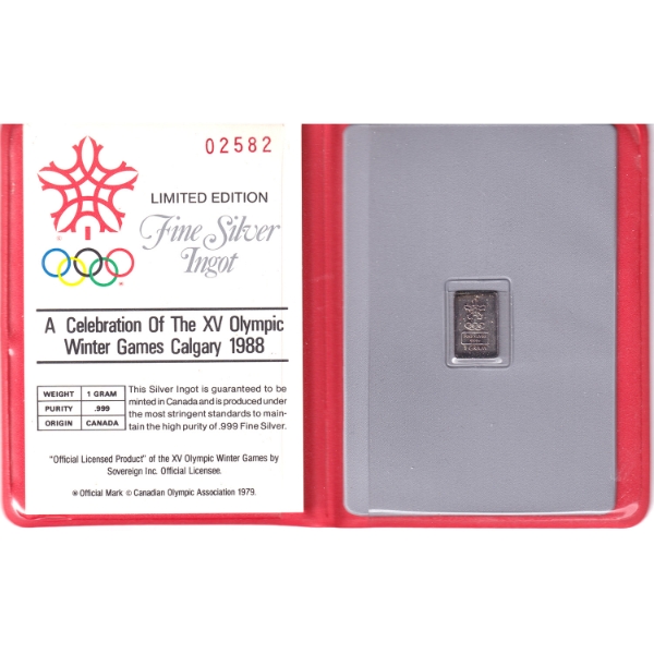 1g Canadian Olympic Association 1988 Calgary '88 Olympics Official Commemorative Ingot Silver Bar 