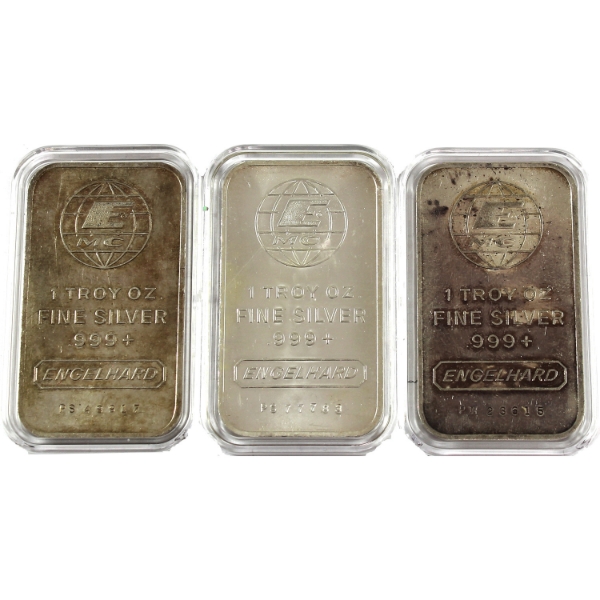 3x 1oz Engelhard c.1981 Wide E Logo w/ MC in Globe, Portrait .999+ Silver Bars. 3pcs. (Tax Exempt)