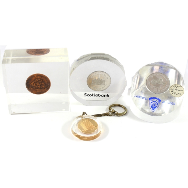 Lot of 4 Lucite Acrylic w/ Various Canadian & US Commemorative Tokens. 4pcs