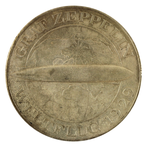 Germany-Weimar Republic Silver 1930A 5 Reichsmark Zeppelin EF-AU (Impaired)