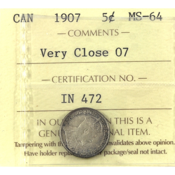 5-cent 1907 Very Close 07 ICCS MS64