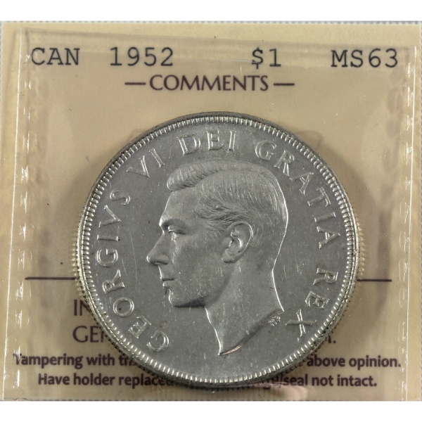 Silver $1 1952 WL; 2/2 ICCS MS63