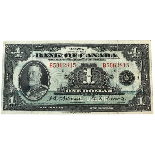 BC-1 1935 $1 English B, Osborne-Towers, F-VF SN: B5062815 Check Letter C