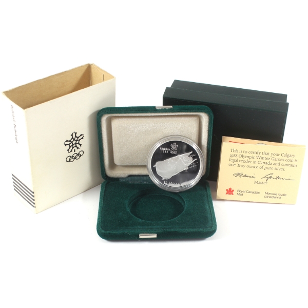 1987 $20 Calgary 1988 Olympics- Bobsleigh 1oz .925 Fine Silver in Original Packaging