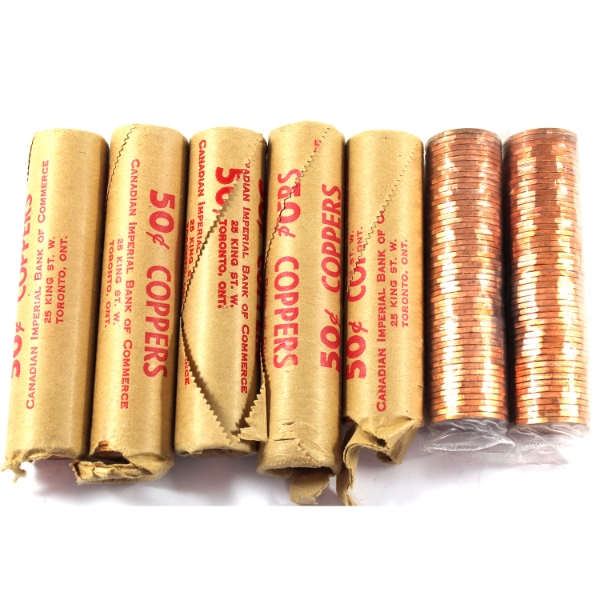 1977-1986 1-cent Rolls of 50pcs. 7 Rolls.