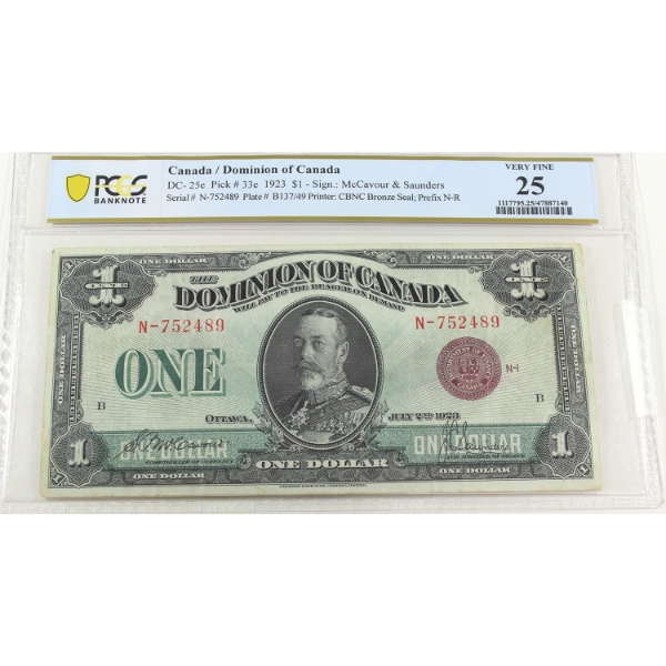 DC-25e 1923 $1 Bronze Seal PCGS VF25 McCavour-Saunders SN: N-752489 Check Letter B