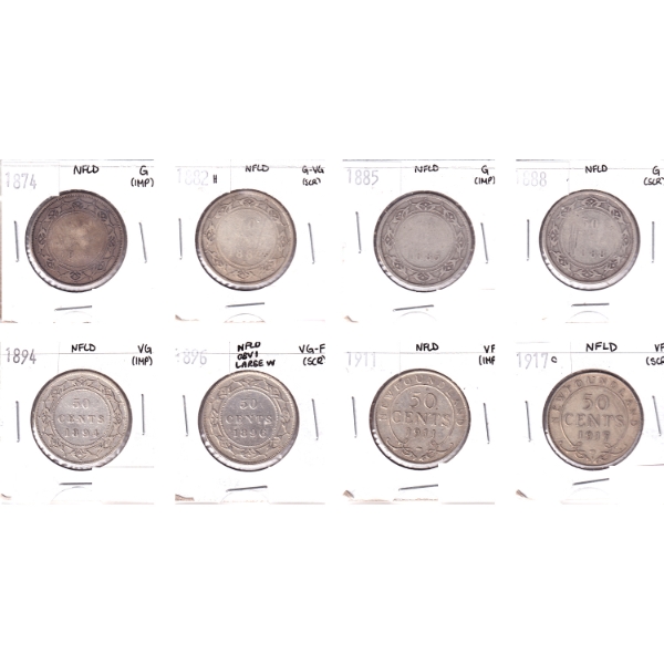 Bulk Lot of Newfoundland 50-cent 1874-1917 G to VF in 8-Pocket Sheet. 8pcs.