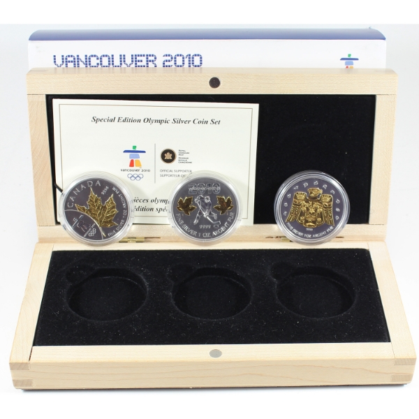 2010 $5 Special Edition Vancouver Olympic 3-coin Gold Plated Fine Silver Set. (Tax Exempt)