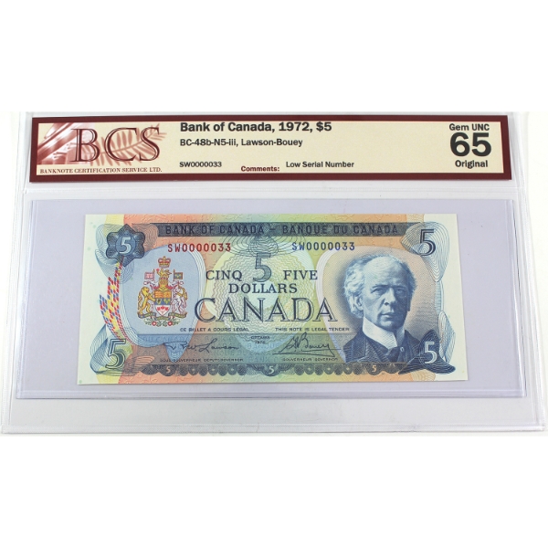 BC-48b-N5-iii 1972 $5 Low Serial #  SW0000033 BCS GEM UNC65 Original Lawson-Bouey