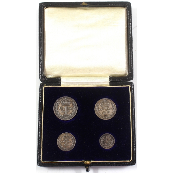 Great Britain Silver 1908 King Edward VII 4pc Sterling Silver Maundy Set in Original Case
