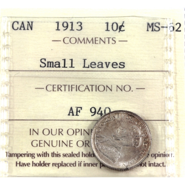 10-cent 1913 Small Leaves ICCS MS62