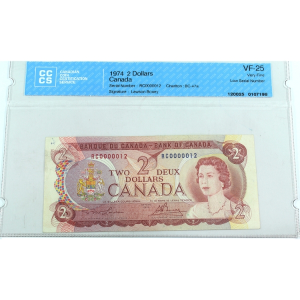 BC-47a 1974 $2 Low Serial # RC0000012 CCCS VF25 Lawson-Bouey 
