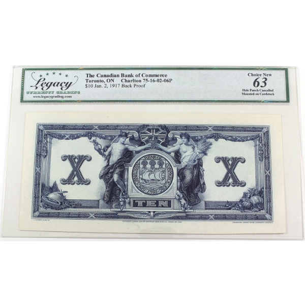 75-16-02-06P 1917 $10 Canadian Bank of Commerce Legacy CUNC63 Back Proof Mounted on Cardstock