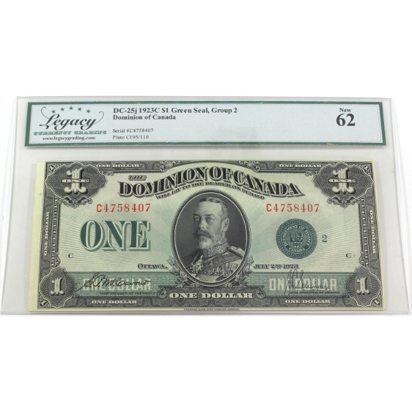 DC-25j 1923C $1 Green Seal Group 2 Legacy UNC62 McCavour-Saunders SN: C4758407 ppC