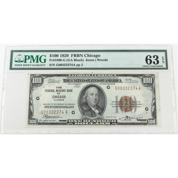 USA 1929 FR-1890-G Chicago $100 PMG CUNC63 EPQ Jones-Woods SN: G00332374A ppJ