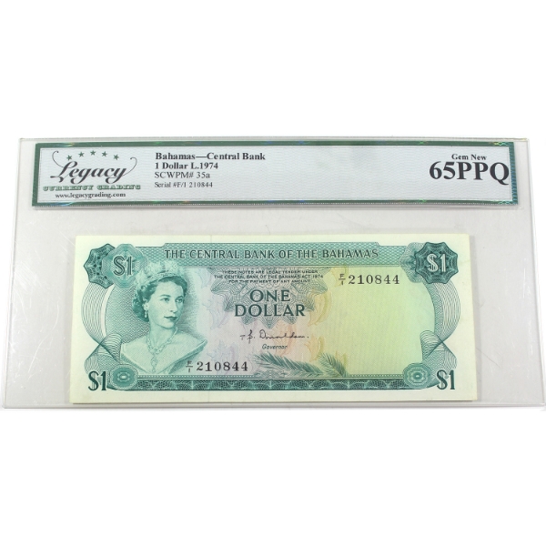 Bahamas 1974 Pick-35a Bahamas Central Bank $1 Legacy GEM UNC65 PPQ SN: F/I210844