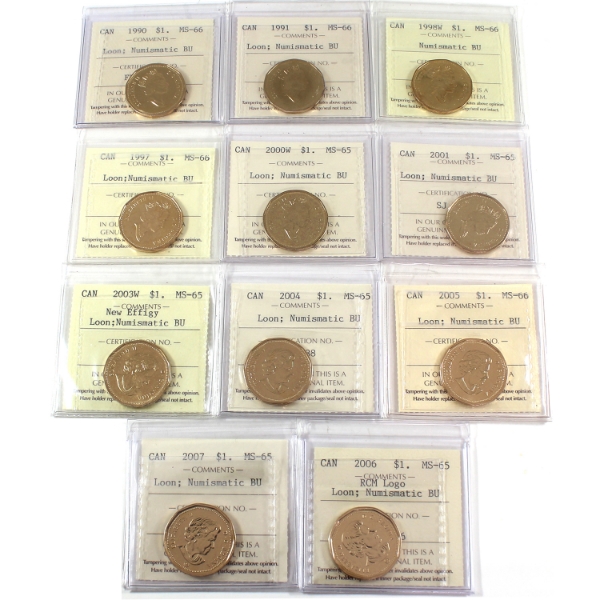 Loon $1 1990-2007 Bulk Lot of Numismatic BU ICCS MS65 to MS66. 11pcs.