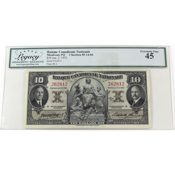 85-14-04 1935 $10 Banque Canadienne Nationale Legacy EF45 Wilson-Leman SN: 262812 Check Letter B