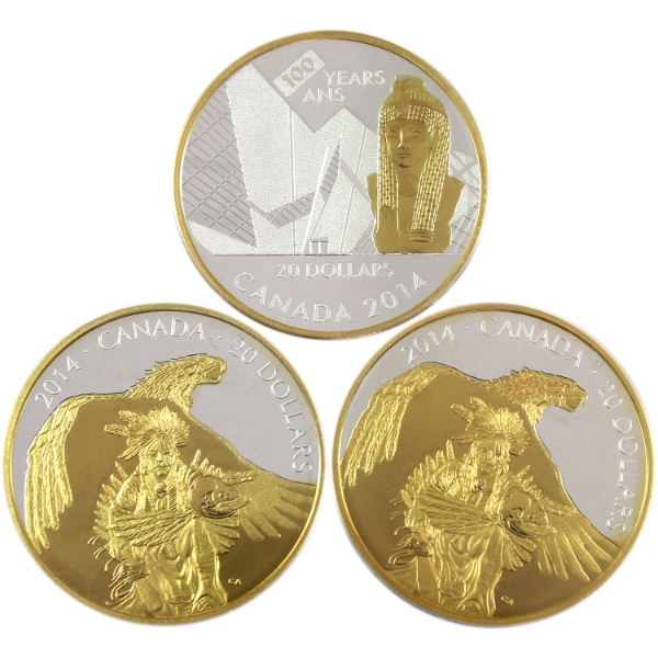 Group Lot of 2014 $20 .9999 Fine Silver Coins w/ Selective Gold Plating. 3pcs. (Tax Exempt)