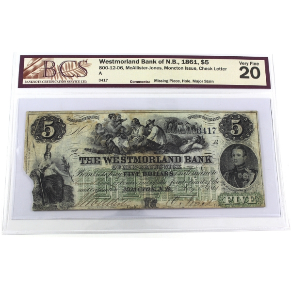 800-12-06 1861 $5 Westmorland Bank of New Brunswick Moncton Issue BCS VF20 McAllister-Jones SN:3417
