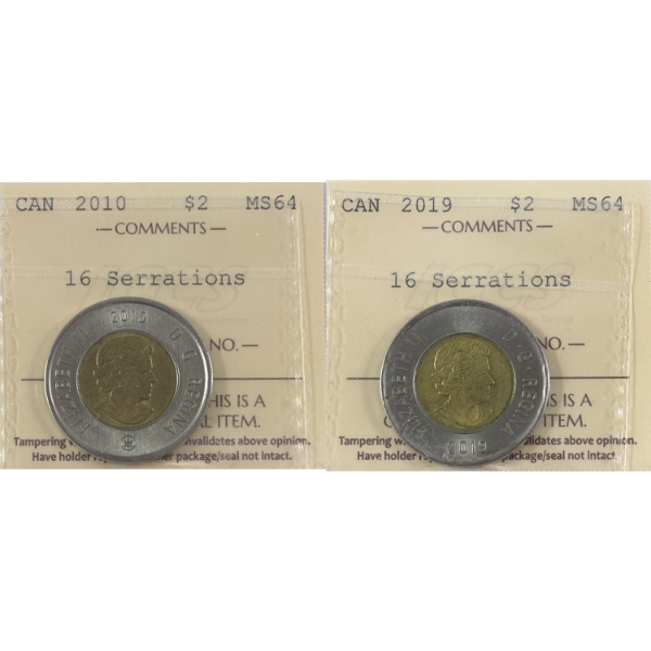 2x $2 2010 & 2019 16 Serrations ICCS MS64. 2pcs.