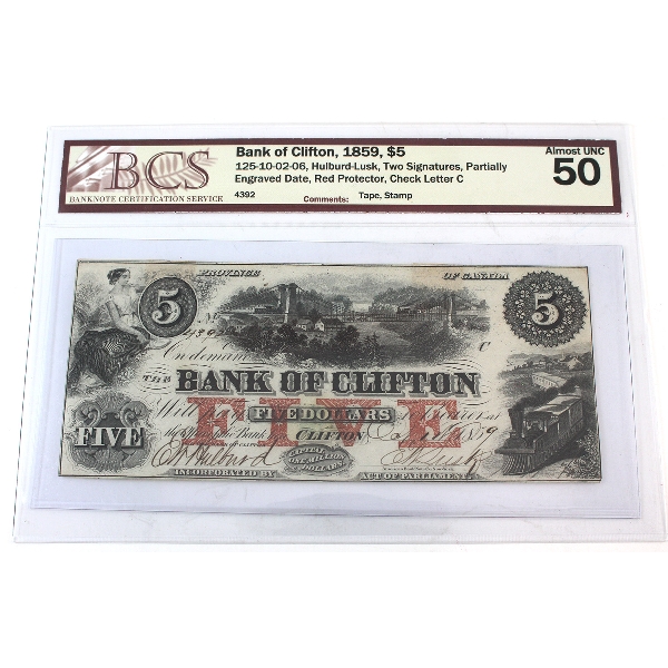 125-10-02-06 1859 $5 Bank of Clifton BCS AU50 Hulburd-Lusk Partially Engraved Date SN: 4392 