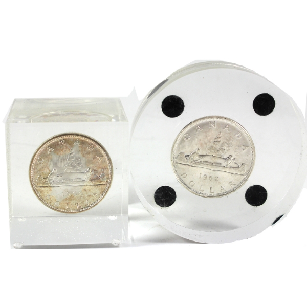 Silver $1 1962 & 1966 in Lucite Acrylic. 2pcs