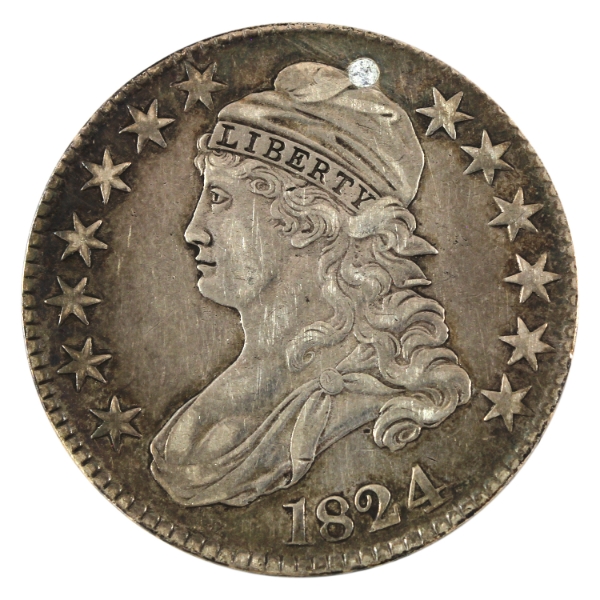 USA Silver 1824 Capped Bust Lettered Edge Half Dollar EF (Holed)