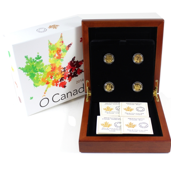 2014 $5 O Canada 1/10oz .9999 Gold 4-Coin Set in Walnut Case (Tax Exempt)