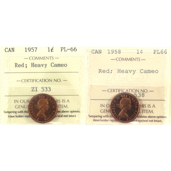 1-cent 1957 & 1958 ICCS PL66 Red HC. 2pcs